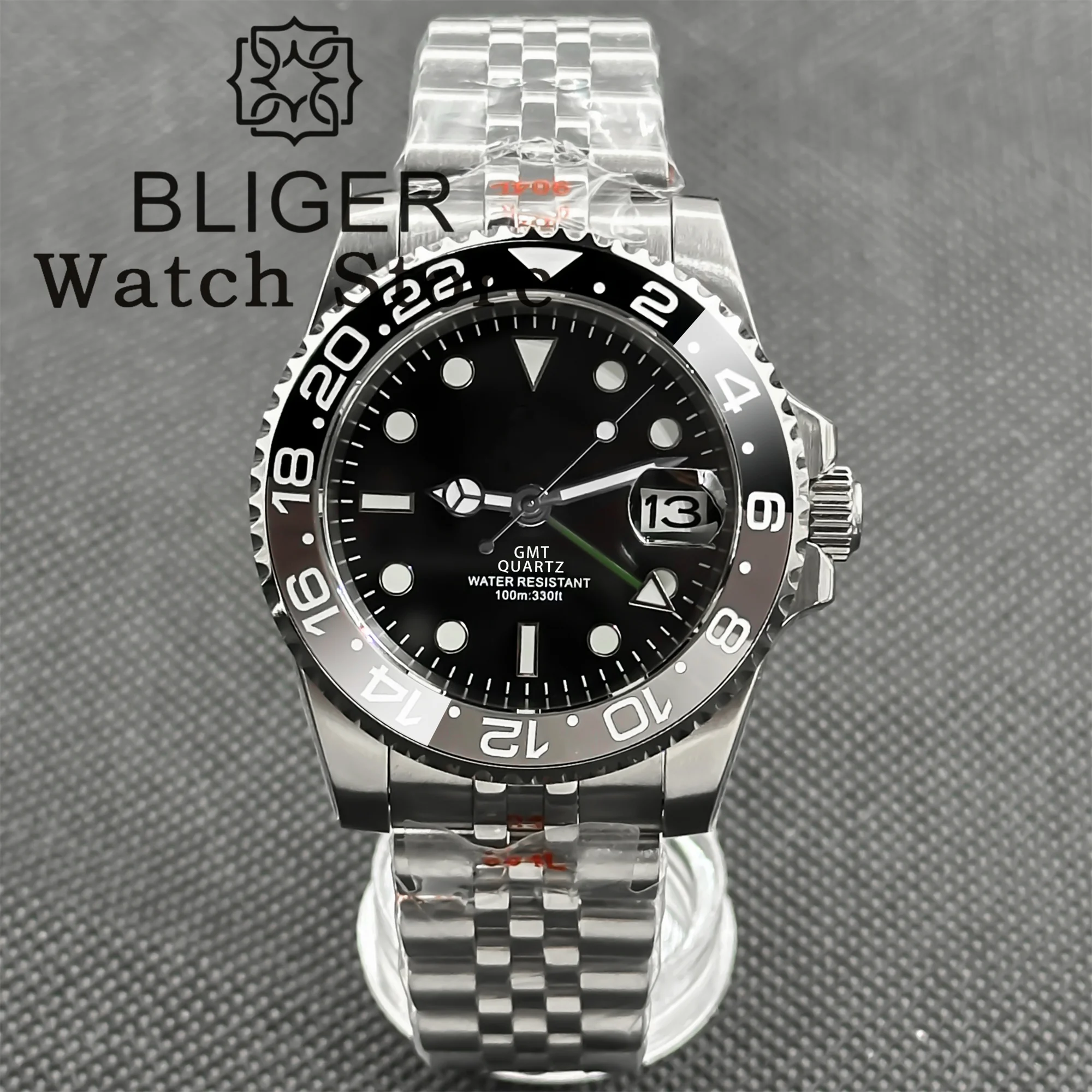 BLIGER 40mm 515 24H GMT Men's Watch Stainless Steel Clasp Luminous Quartz Movement Ceramic Bezel Sapphire Glass 10Bar Waterproof
