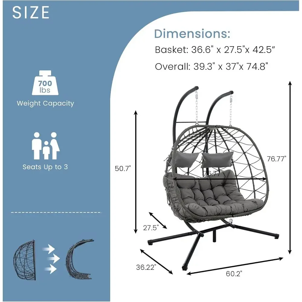 Double Egg Swing Chair with Stand, Outdoor-Friendly Loveseat Hammock, UV-Resistant Cushions, 700 lbs Capacity, Suitable for Indo