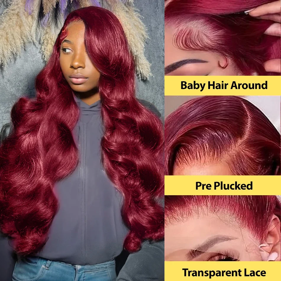 13x6 HD Transparent Body Wave 99j burgundy Lace Frontal Human Hair Wig 30 40 Inch 13x4 Lace Front Wig PrePlucked For Women