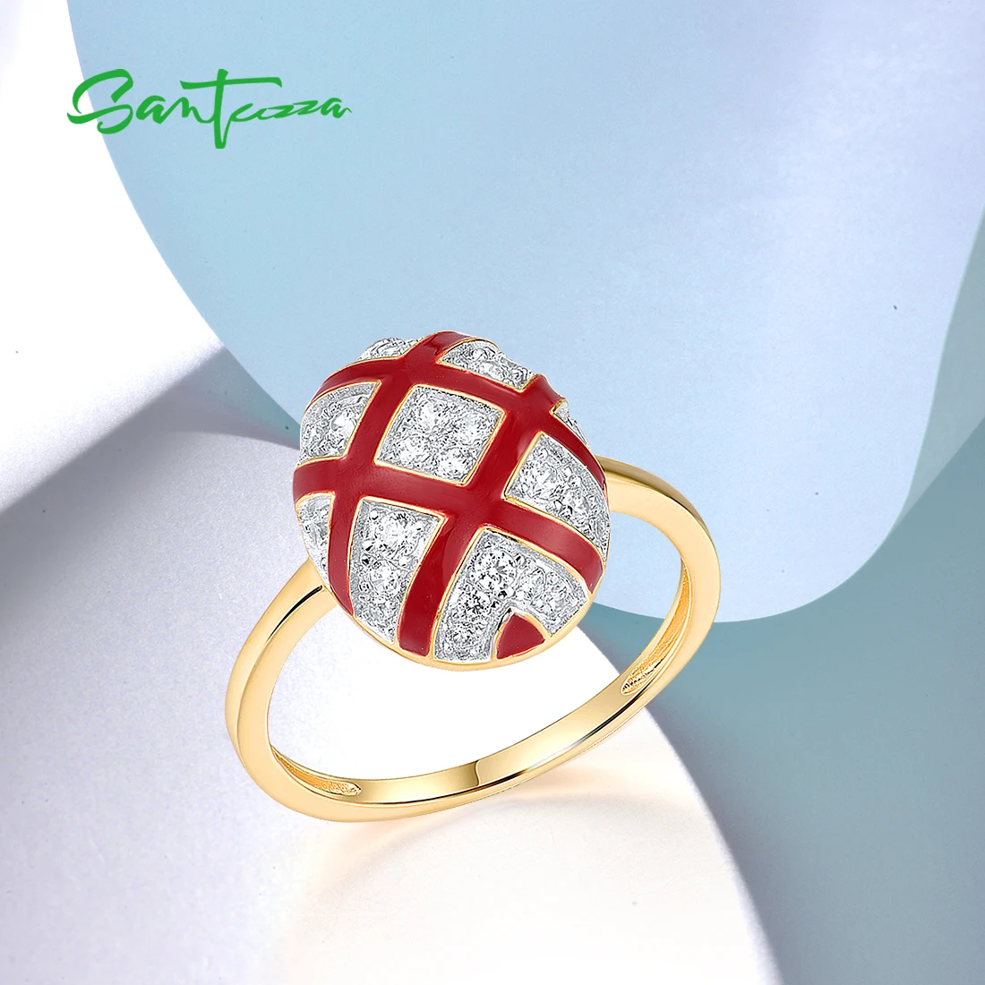 SANTUZZA Pure 925 Sterling Silver Rings For Women Sparkling White CZ Red Oval Cross Enamel Wedding Engagement Fine Jewelry Set