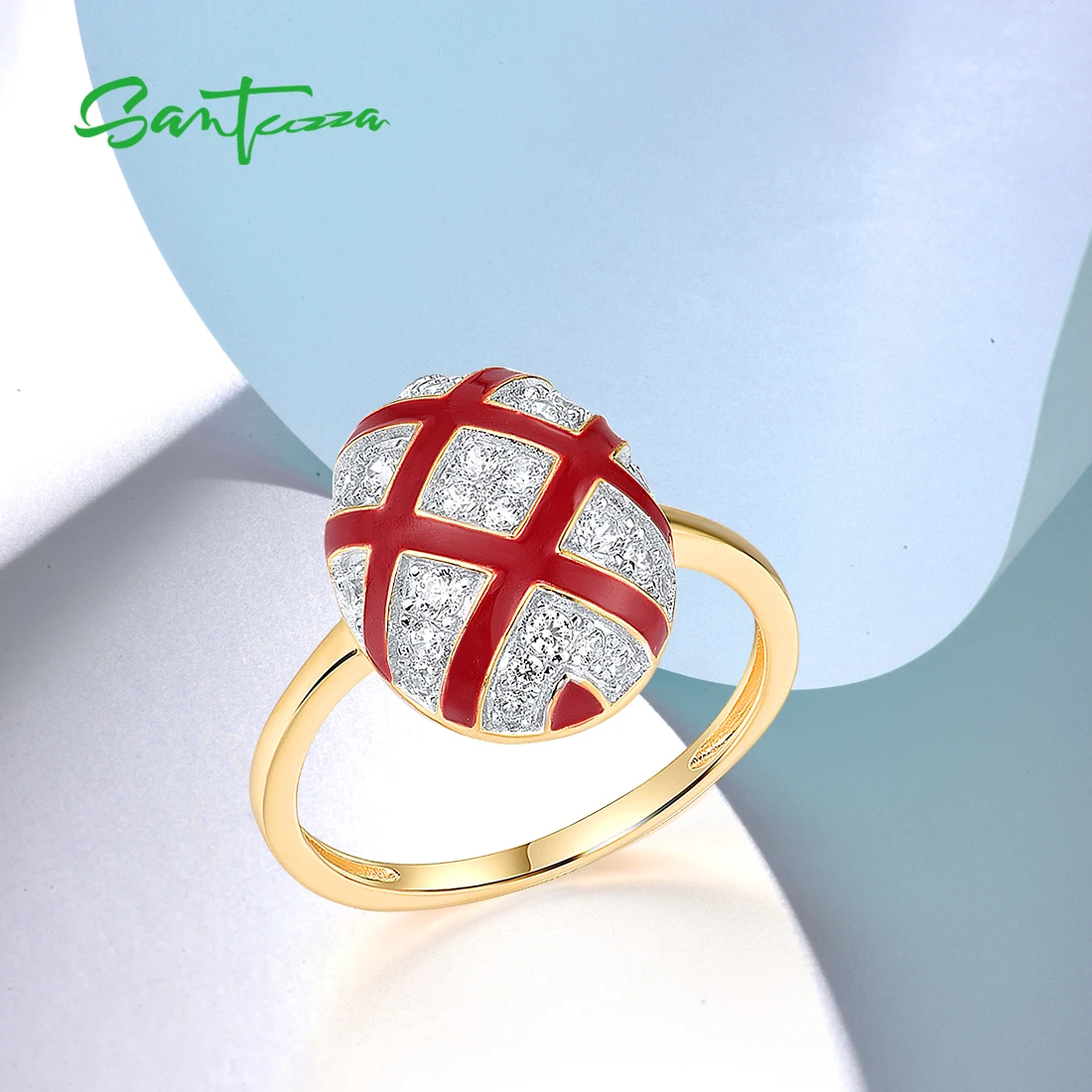 SANTUZZA cincin perak murni 925 untuk wanita, Set perhiasan halus pertunangan pernikahan silang Oval merah CZ putih berkilau