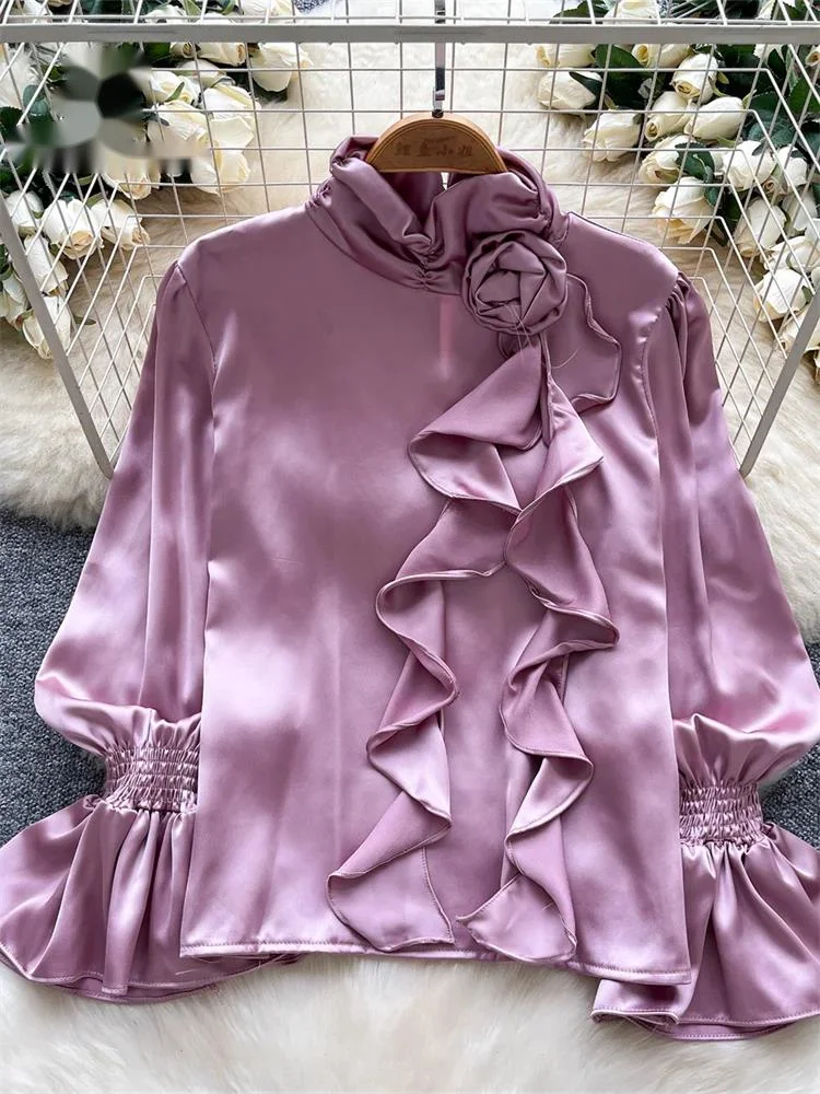 

3D цветочная блузка с пышными рукавами и рюшами, французский офисный женский топ, рабочая одежда, элегантная осенняя винтажная роскошная атласная рубашка