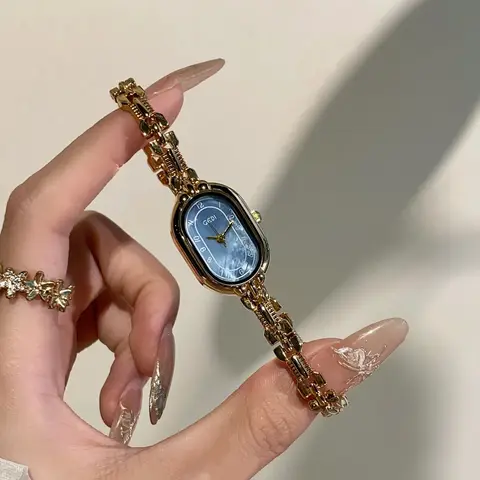 빈티지 여성 팔찌 시계 패션 럭셔리 타원형 골드 숙녀 손목 시계 패션 여성 석영 시계 여자 친구를위한 선물