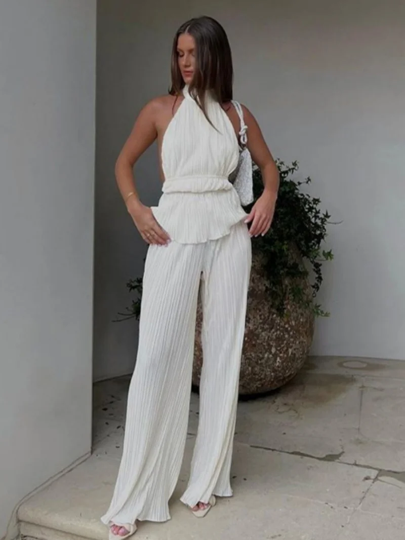 

Модный плиссированный комплект из двух предметов для женщин: летний наряд, топ без рукавов с открытой спиной на бретелях и брюки, в стиле OL