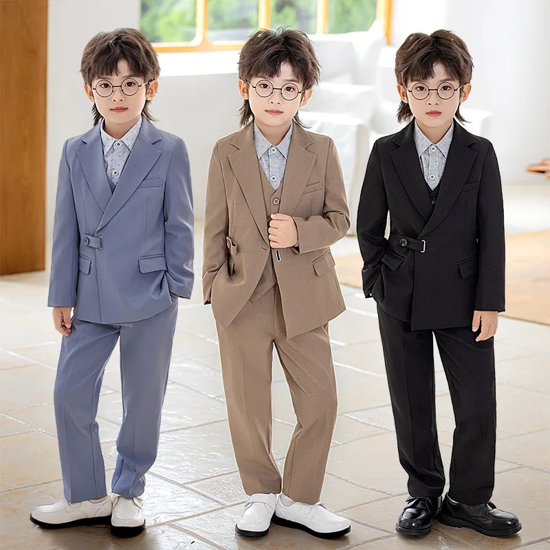 Autumn Kids Boys Wedding Suits Outfit British Style Children Boys Elegant Tuxedo Waistcoat Pant 3/4PCS Set Kids Photo Shot Oufit