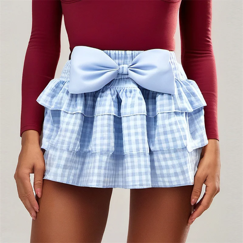 Y2k Bowknot Elastic Waistband Ruffles Bloomers Skirt Plaid Layered Skirt Summer Teen Girl Clothes Lolita Fairy A-line Skirt