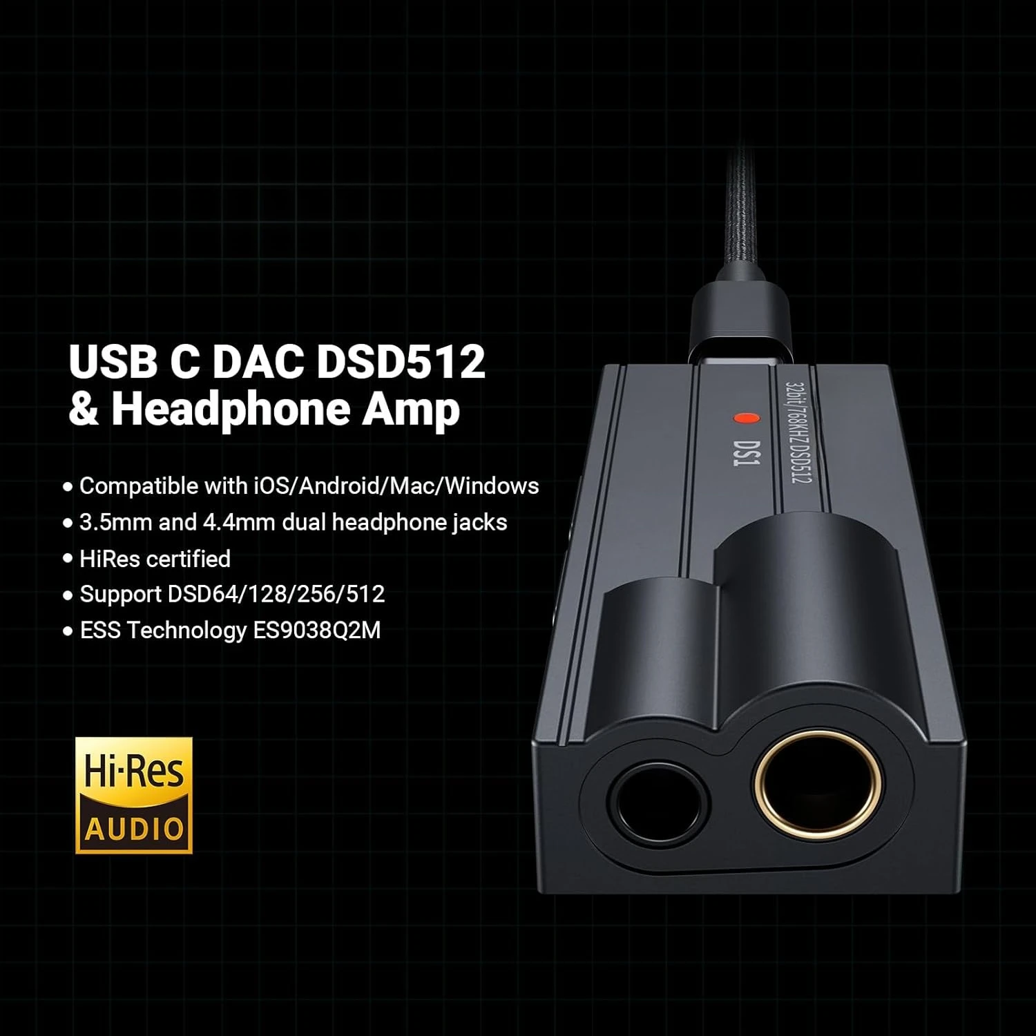 

Усилитель для наушников DSD512 ES9038Q2M Hi-Fi Мини-аудиоадаптер поддерживает 32 бит/768 кГц с двойными выходами для наушников 4,4 мм и 3,5 мм.