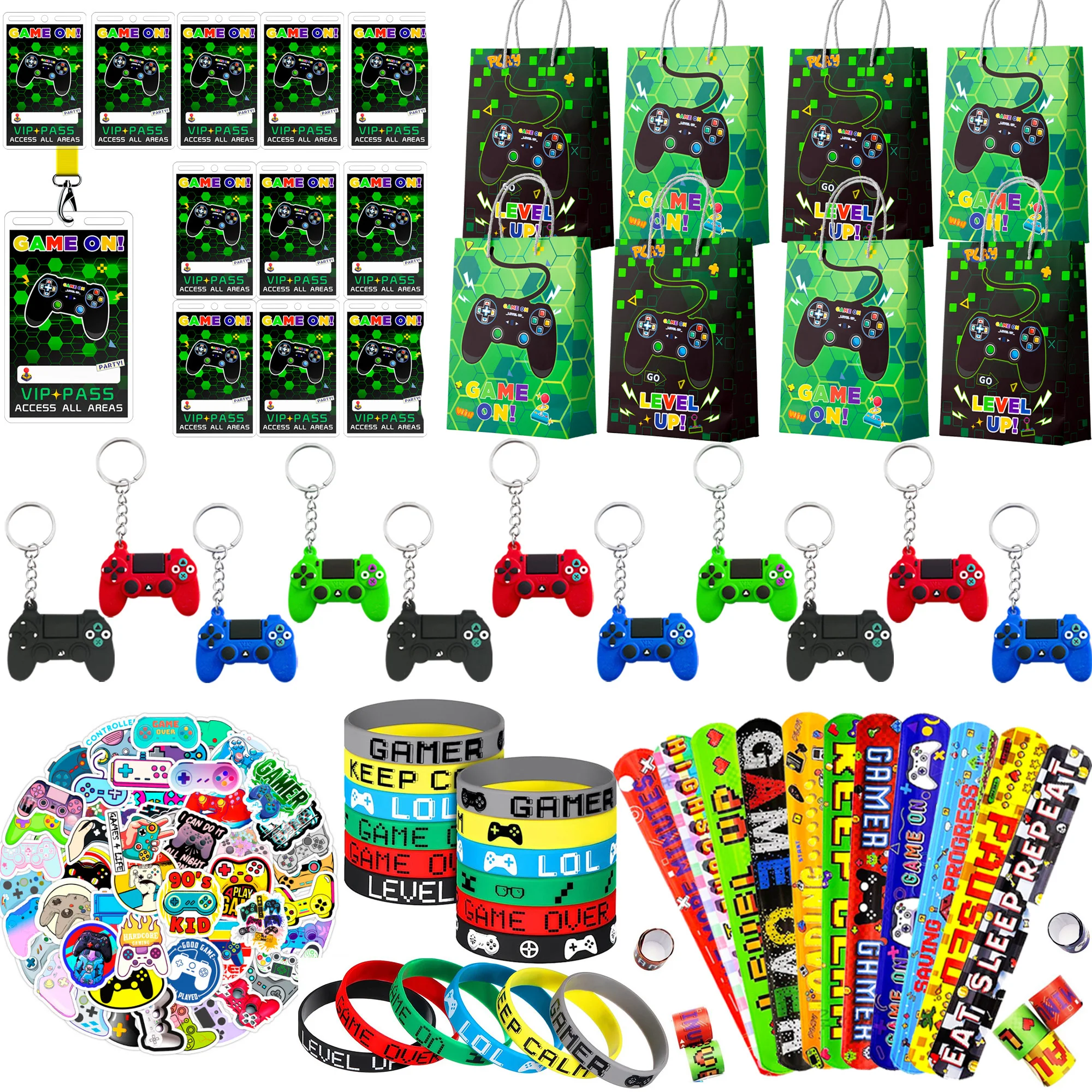 

Video Game Party Favors for Kids,110pcs Favors Set Including Video Game Wristband Slap Bracelets Keychain Vip Pass Ticket etc