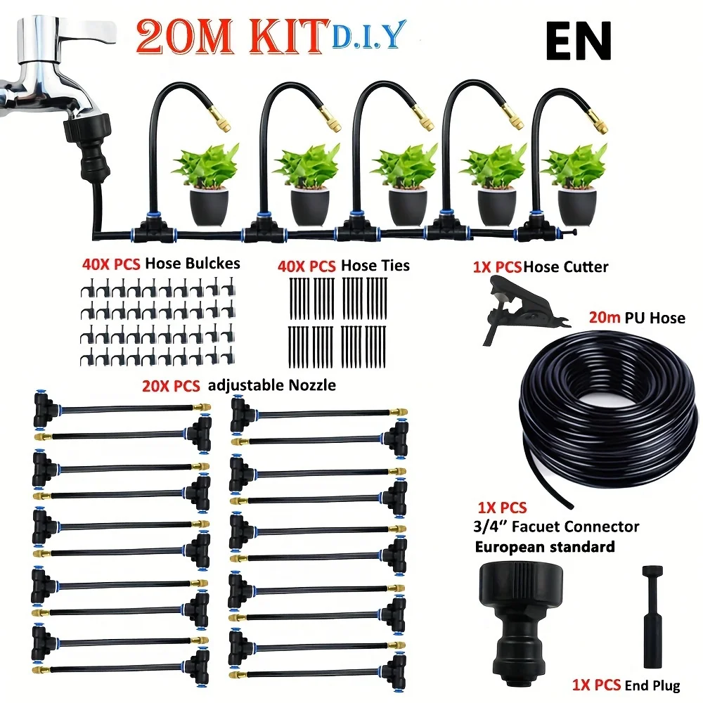 

20M Micro Drip Irrigation Kit with Adjustable Brass Mist Nozzle Automatic Watering System for Balcony Greenhouse Garden No Power