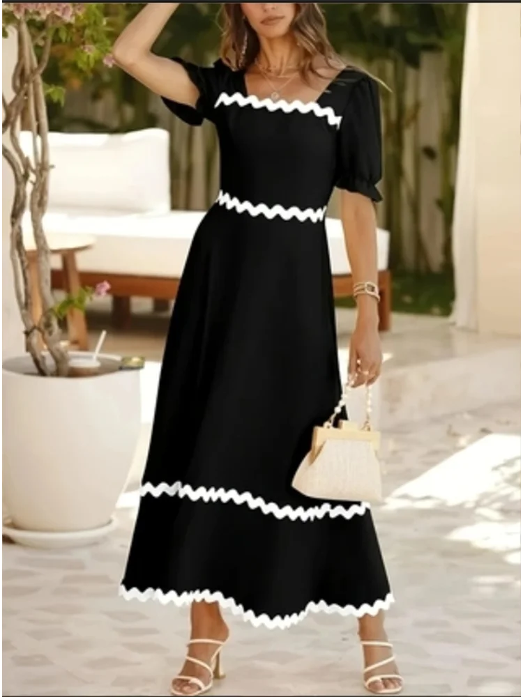 Women's Black Dresses Trendy Square Neck Wavy Lace Up High Waist Dress Summer Short Sleeve Dress Robe