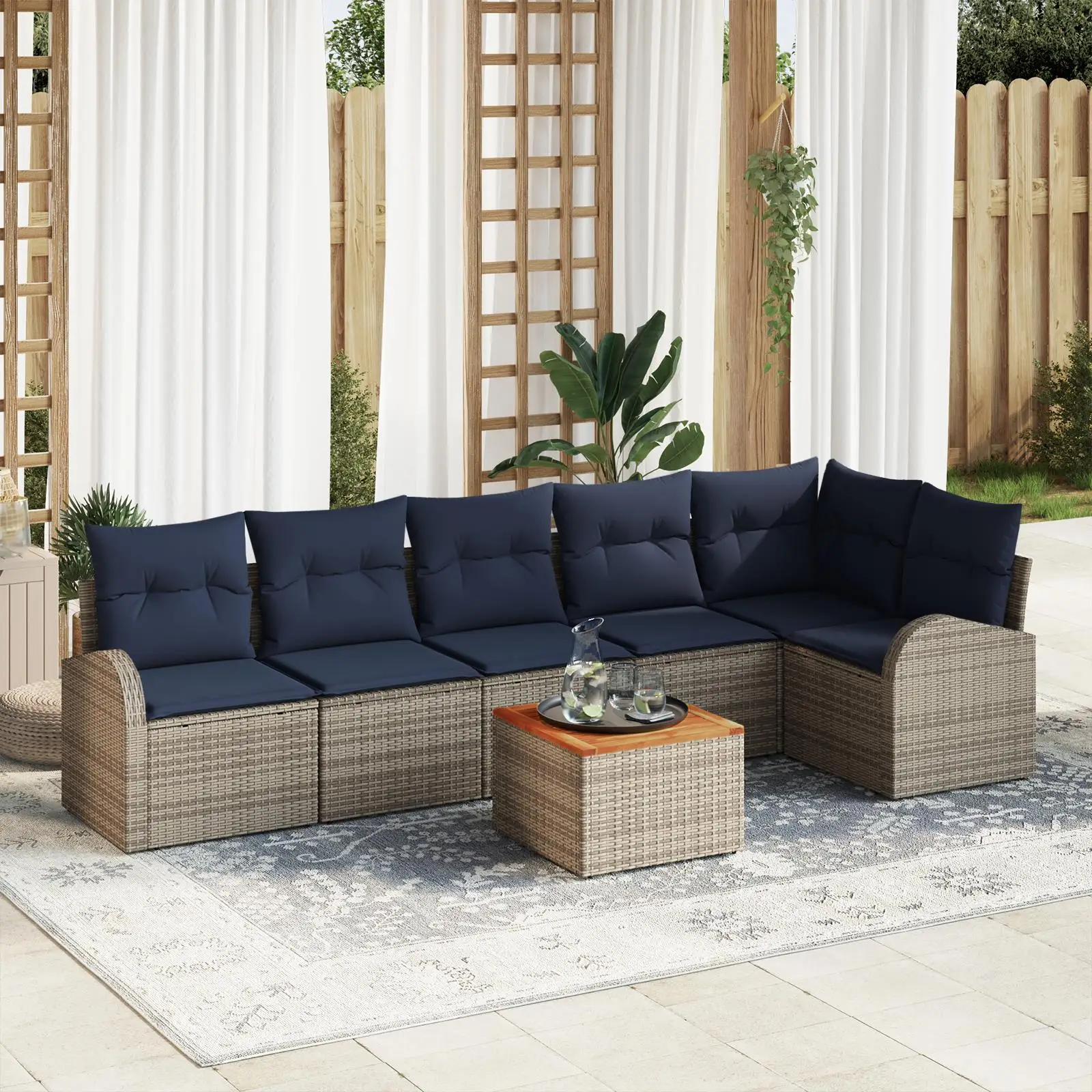 

7 Piece Outdoor Sofa Set with Cushions Grey Rattan and Acacia Wood Garden Furniture