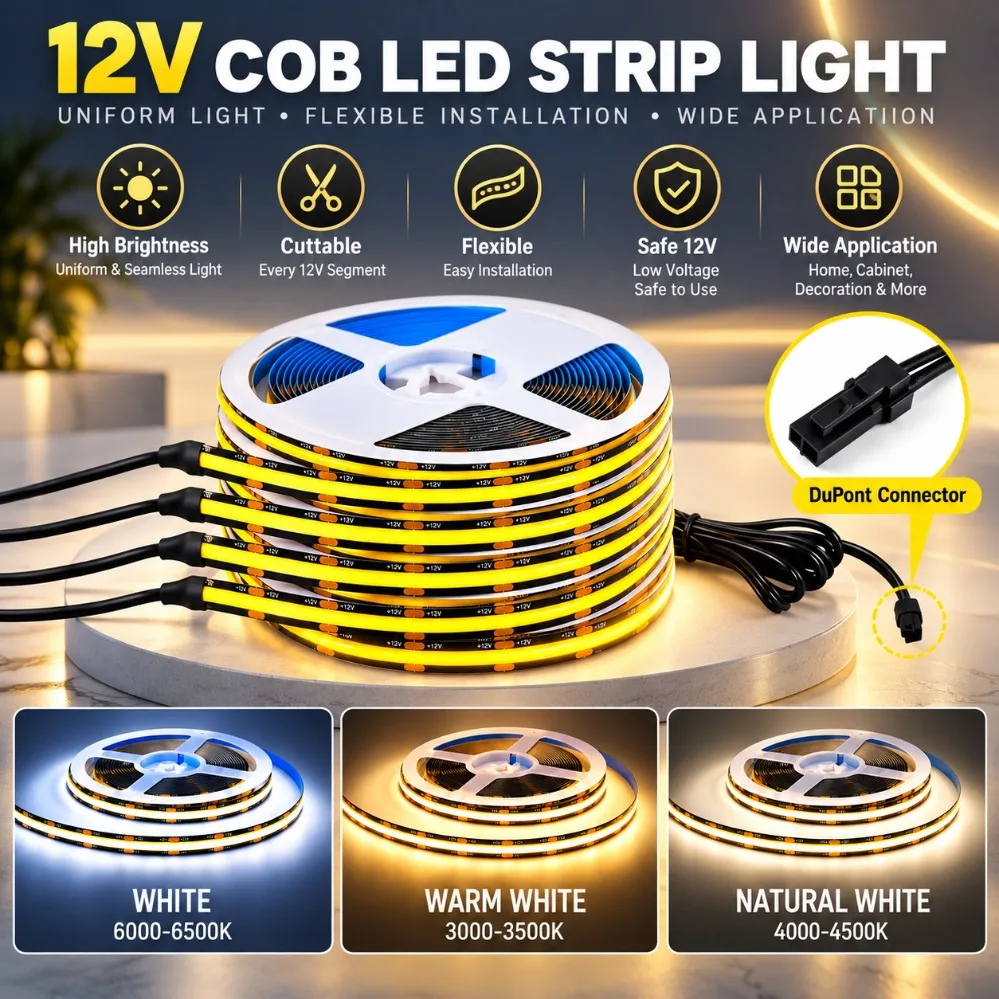 DC12V Black COB LED Strip Light 320LEDs/m Warm/Neutral/White with Black DuPont Wire for Kitchen Cabinet Showcase Decor Lighting
