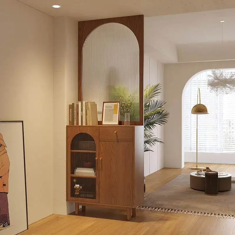 Chinese living room full solid wood glass screen, multi-functional partition cabinet at the entrance, rattan shoe cabinet