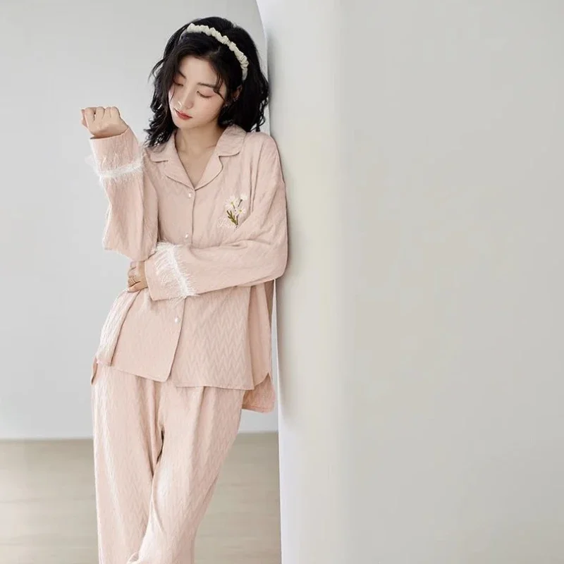 Simple Pink Women's Pajamas Suit Spring and Fall New Long-sleeved Long Pants Korean Fashion Cotton Casual Sleepwear Home Wear