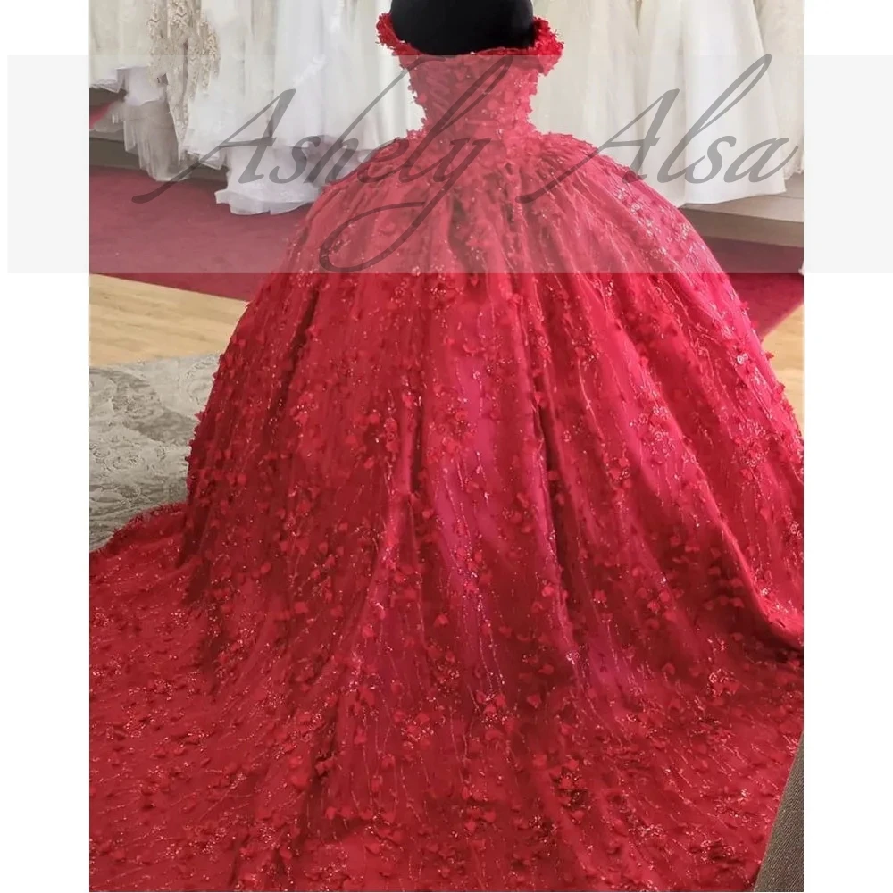 Customized Red Princess Girl Quinceanera Dresses For 15 16 Gir Birthay Party Off Shoulder 3D Flower Lace Up Women Prom Occasion