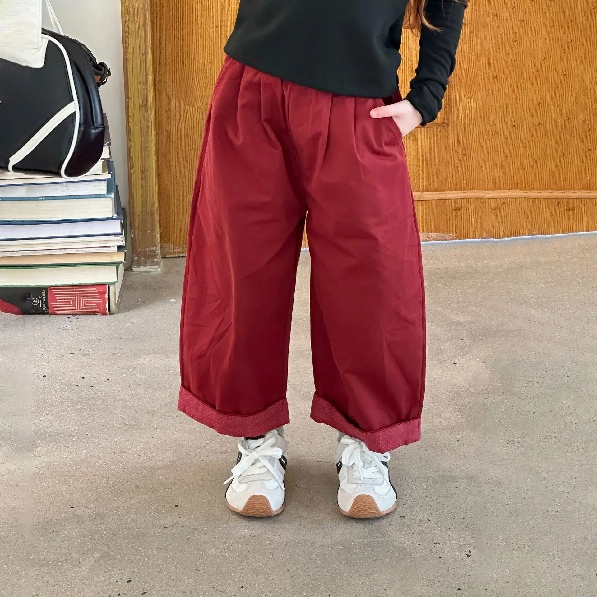 

Girls Pants 2025 Autumn New Korean Red Straight-leg Pants Children's Flanged Casual Pants