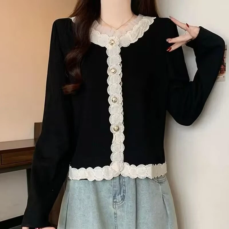 

Lace O-Neck Single-breasted Commuter Spring Autumn All-match Fashion Long Sleeve Solid Color Blouse for Female