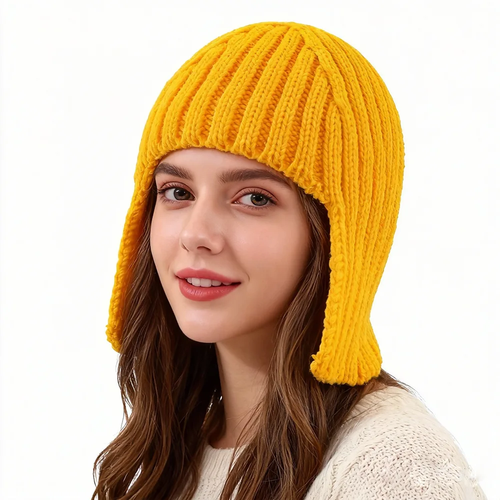 Hot Girl Perücke Strickmütze für Damen, warmer Gehörschutz für Herbst und Winter, Kopfbedeckung, modische Wollmütze im Einkaufsstil – Detail 10