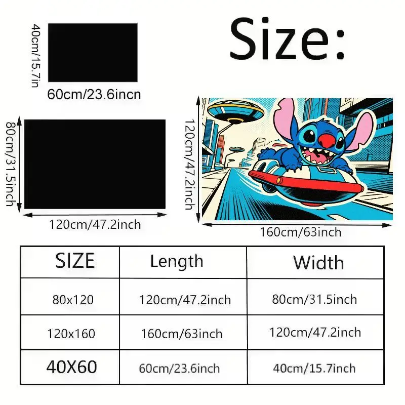 1PC Disney Lilo & Stitch Anime Cartoon Character Floor Mat, Dynamic Sci-Fi Stitch on Hoverboard Area Rug, Non-Slip Entrance Door