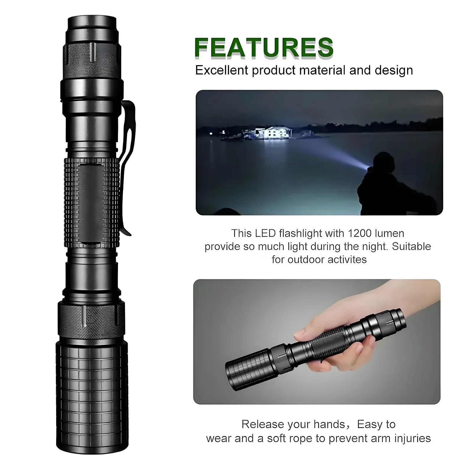 Bright Tactical Led Flashlight 5 Lighting Modes Adjustable Torch for Home Camping