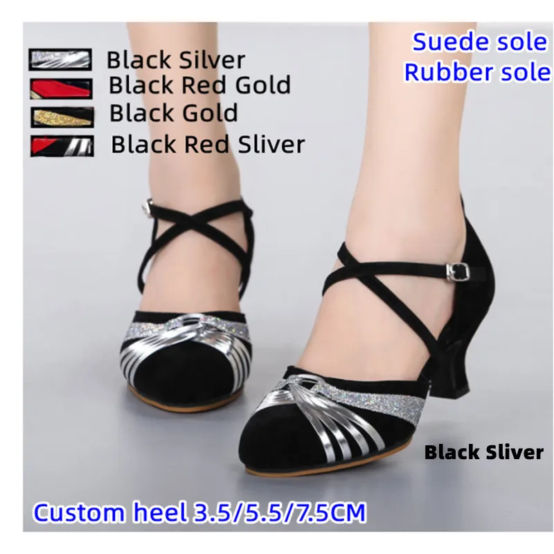 Women Latin Dance Shoes Suede Sole Gold Silver Red Ballroom Tango Dancing Shoes Closed Toe Cuban Heels Party Dance Shoes