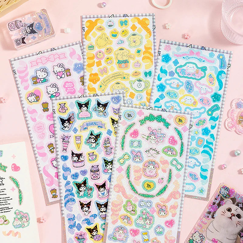 1/5 arkuszy Cartoon Sanrio Kuromi Melody Hello Kitty Cinnamoroll konto ręczne naklejki dekoracyjne artykuły papiernicze DIY materiał dekoracyjny prezenty