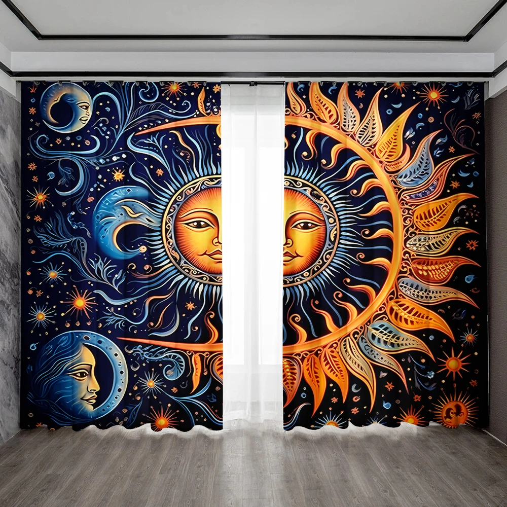 2PC Home Decoration Curtains, Starry Moon Sun Face With Pole Pocket Curtains, Kitchen, Coffee Shop, Living Room, Balcony, Garden