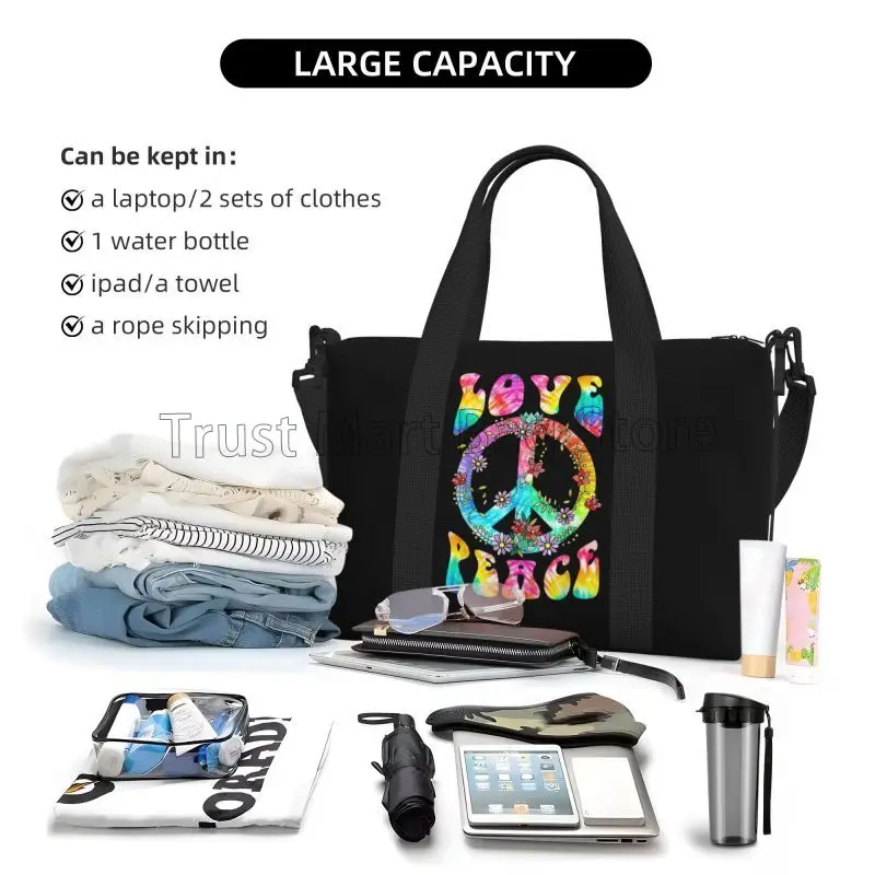 Peace Sign Love Tie Dye Hippie Travel Duffel กระเป๋าส่วนบุคคล Weekender กระเป๋าพร้อมสายคล้องไหล่ Unisex กีฬา Gym กระเป๋าค้างคืน