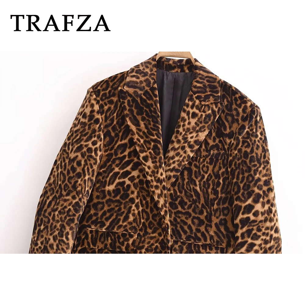 TRAFZA moda Otoño Invierno 2024 traje de leopardo para mujer chaqueta de calle elegante Blzaer + minifalda elegante conjuntos de fiesta Sexy