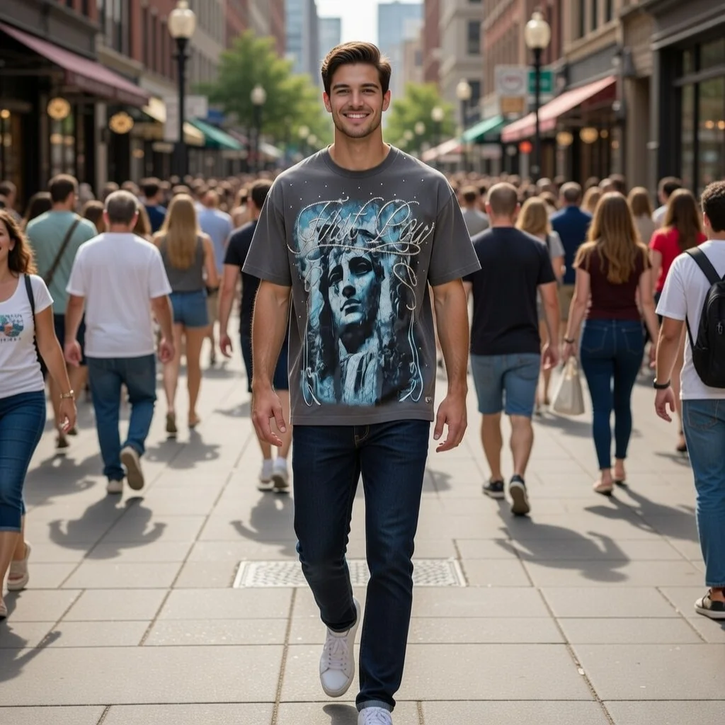 FIRST ROW TEE Oversized Graphic Print T-Shirt Rhinestone Embellished Statue Art Design Unisex Streetwear Casual Top