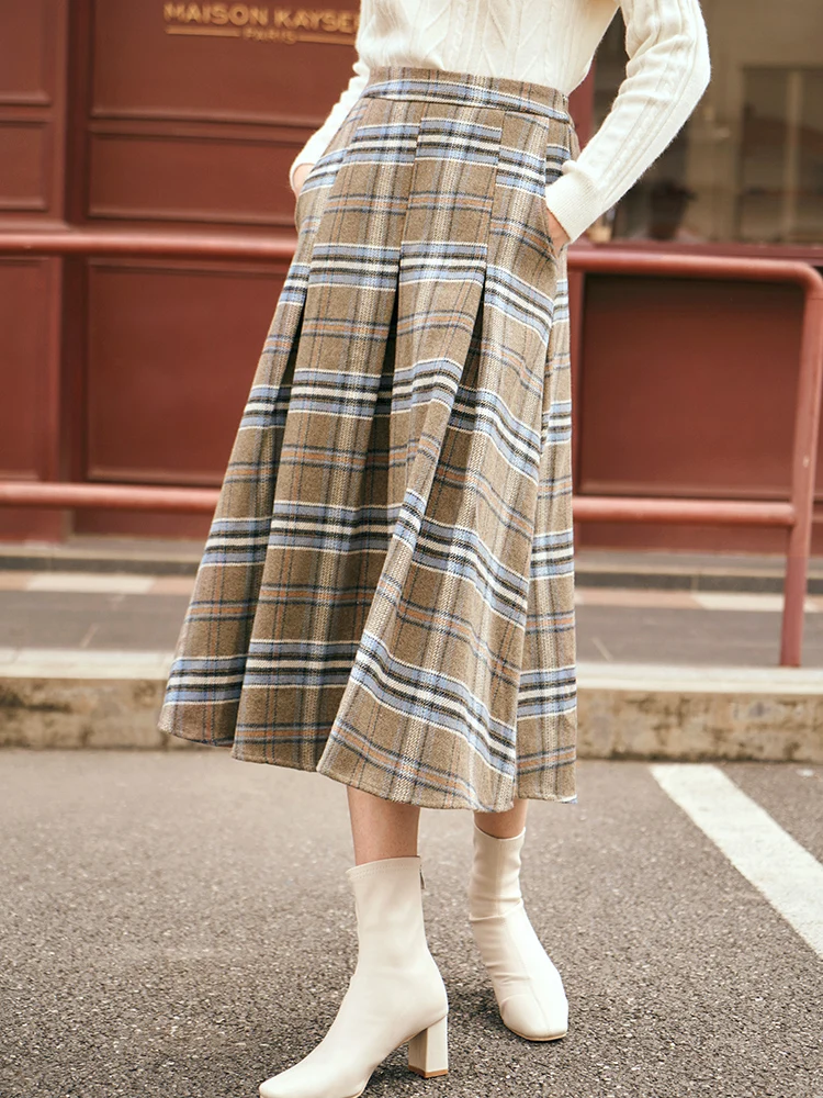 OLrain Women's Plaid Pleated Skirts 2025 Spring French Style A-line Vintage Spliced Wool Blend High-waist Midi Skirt O23DB89110