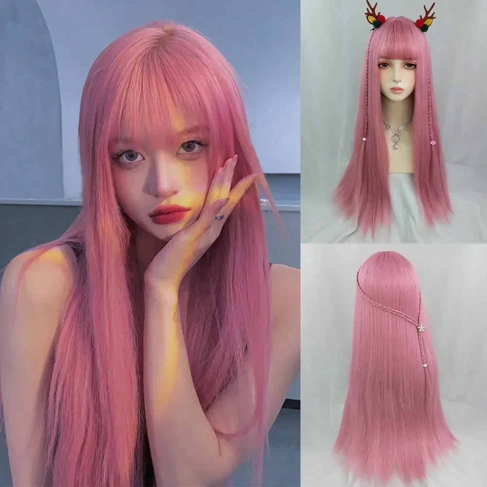 Long Pink-Blue Synthetic Straight Wig With Bangs, Fluffy & Natural, Lolita Style, Heat Resistant, Suitable For Daily Wear And Parties