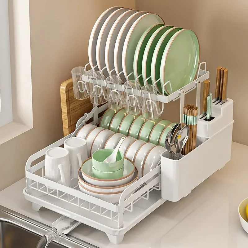 Kitchen Sink Organiser Utensils Basket for Kitchen with Drip Tray Household Tableware Knife and Fork Storage Rack Foldable