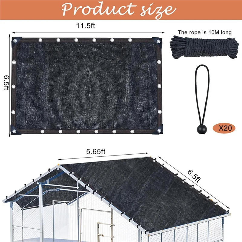 A27F-UV Protection 90% Shade Cloth Cover For Summer For 11.5 X 6.6 FT Chicken Cage Coop With 20Pcs Ball Bungees Cords - view 5