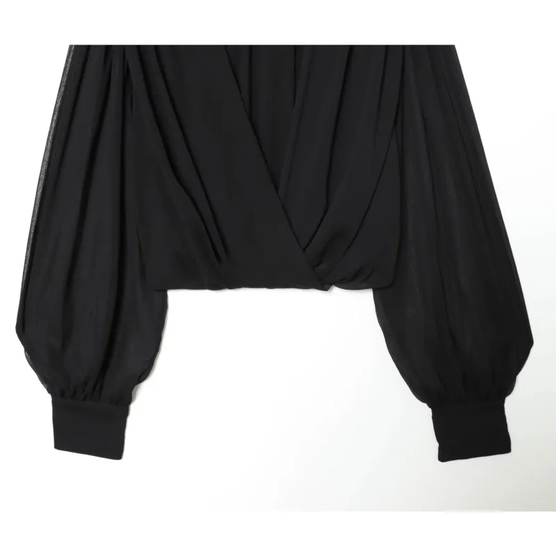 Women Fold Translucent Balloon Version Shirts Autumn Standing Collar Long Sleeve Back Bow Blouses Casual Female Tops