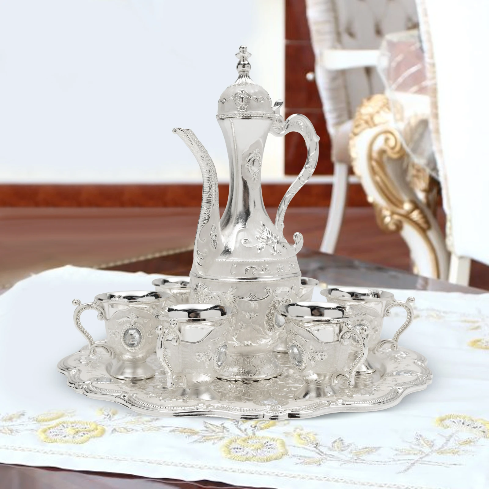 Kit café turco estilo vintage, elegante conjunto de chá com pote, 6 xícaras para casamento e aniversário, decoração da mesa