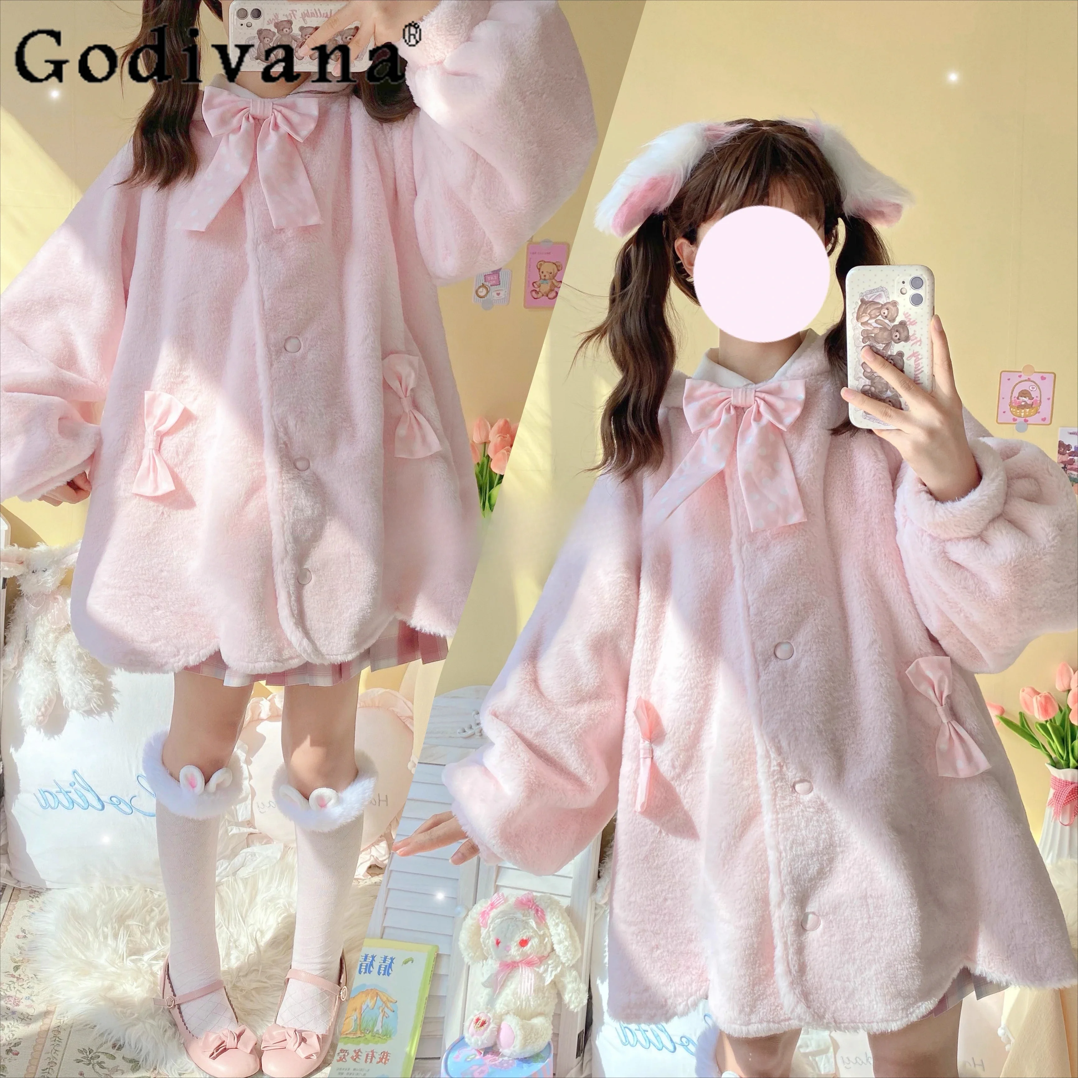 

Y2K Lolita Long Plush Coat Soft Girl Cute Kawaii Bow Loose Rabbit Ear Hooded Faux Fur Jacket Autumn and Winter New Warm Jacket