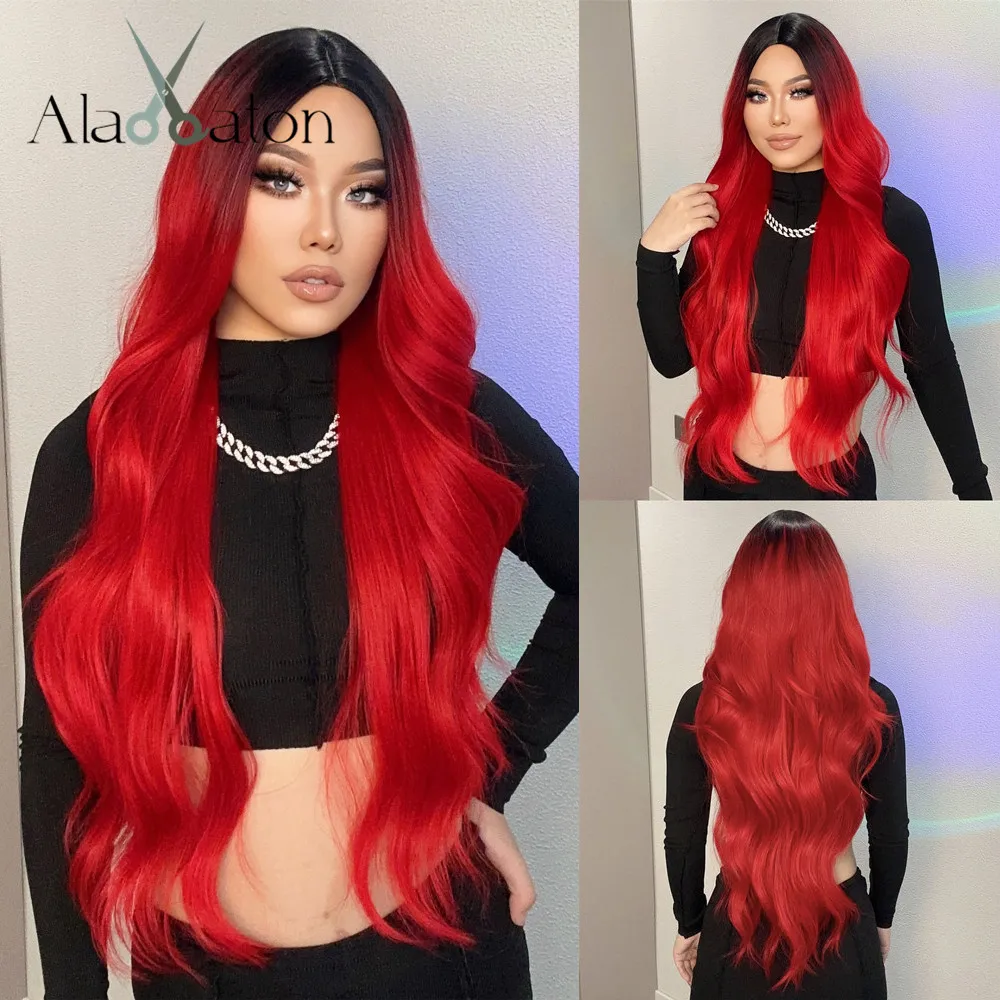 ALAN EATON Long Ombre Red Body Wavy Wig Natural Hairline Middle Part Hair Red Wigs with Bangs Dark Roots Red Cosplay Party Wig