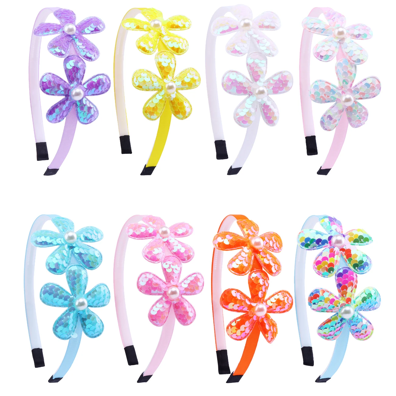 2PCS Sparkly Sequin Flower Headband for Girls Pearl Floral Hair Hoop Multicolor, Daily & Party Festival Photo Use
