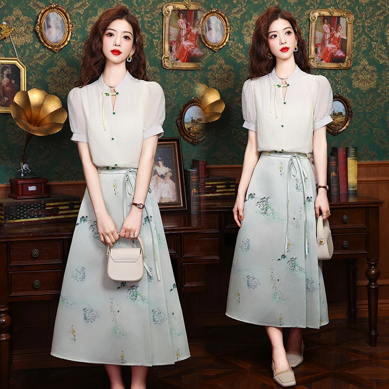 Chinese Style Summer Skirt T-Shirt Two Piece Set Women White Slim Tops +High Waist A Line Pleated Flowers Print Midi Skirts Suit