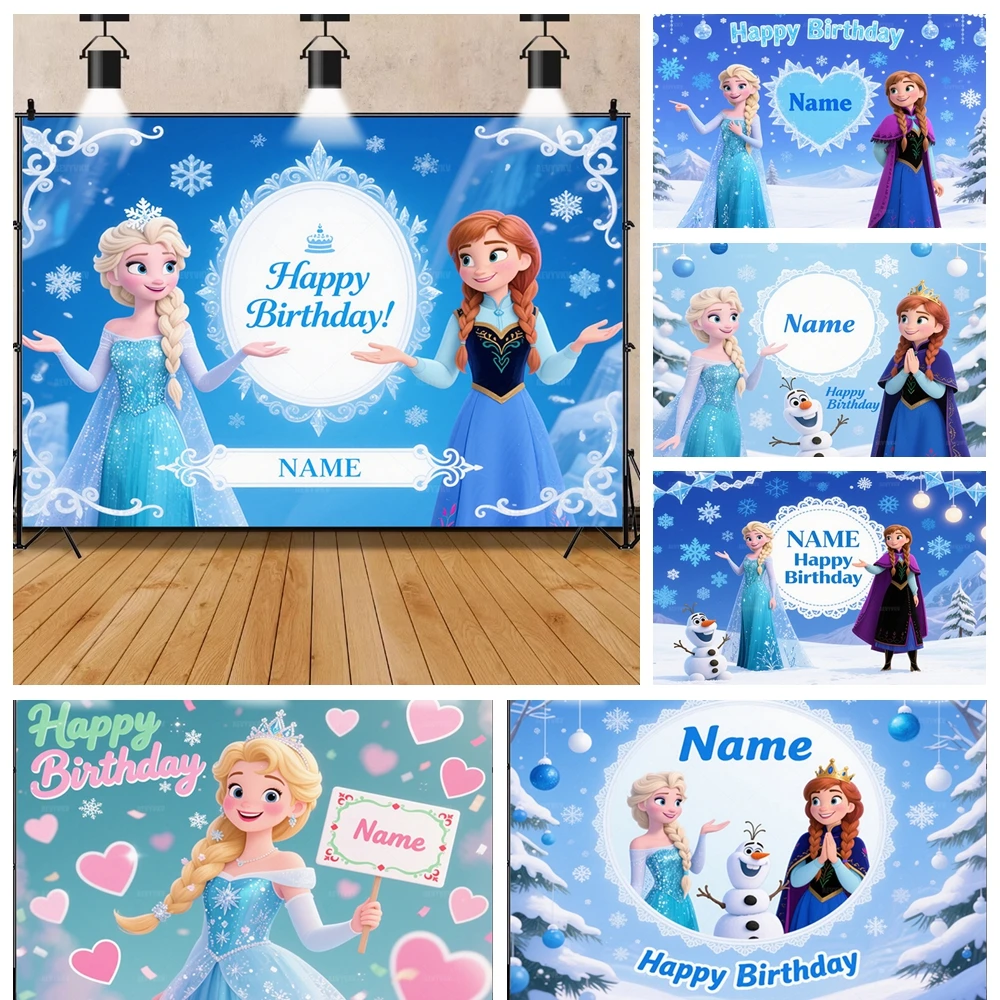 

Custom Name Frozen Elsa Anna Princess Girls' Birthday Party Snow Queen Winter Ice Photography Backdrop Photo Baby Shower Props