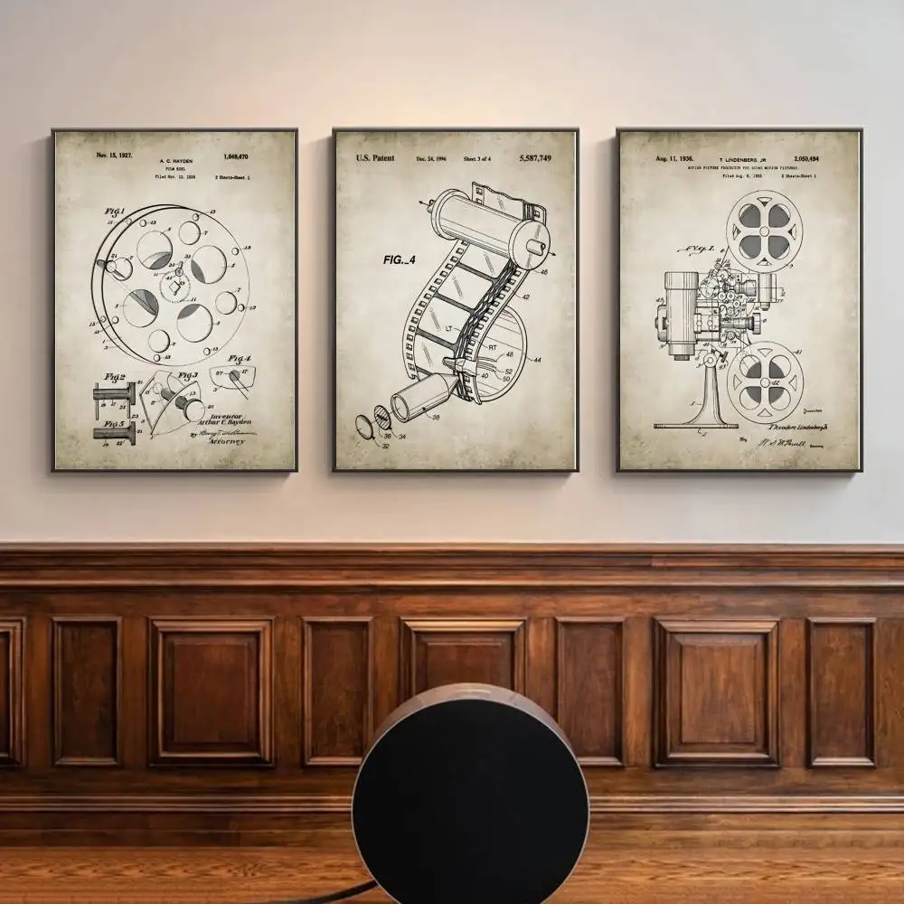 Aged Cinema Equipment Wall Art Antique Film Roll Projector Camera Vintage Patent Drawings Posters for Filmmaker Office Classroom
