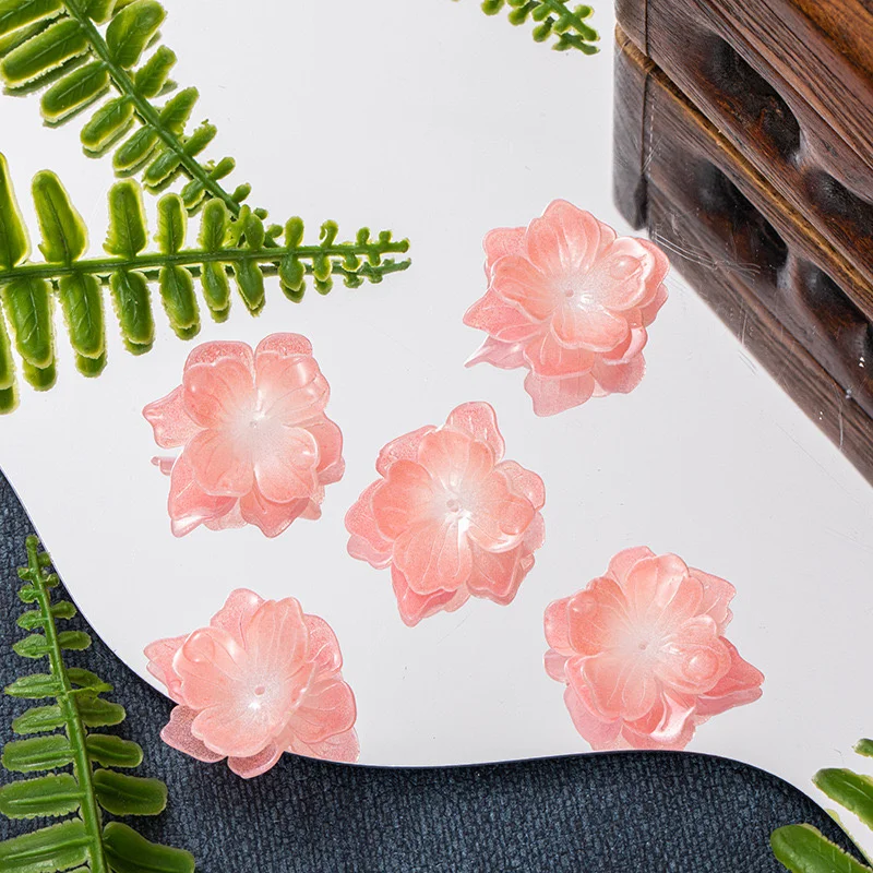 Min order 30pcs/lot pink color print handmade cartoon flowers shape acrylic beads diy jewelry garment accessory