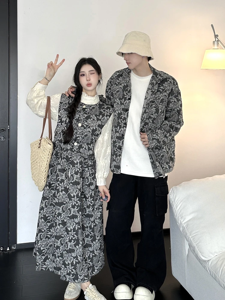 Couples Spring Outfit 2026 New Floral Print Shirt  Dress Layering One Skirt One Dress Two-Piece Set Breathable Long Sleeve