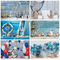 Nautical Theme Baby Birthday Party Backdrop for Photography Sailboat Boat Starfish Wooden Board Sailor Portrait Photo Background