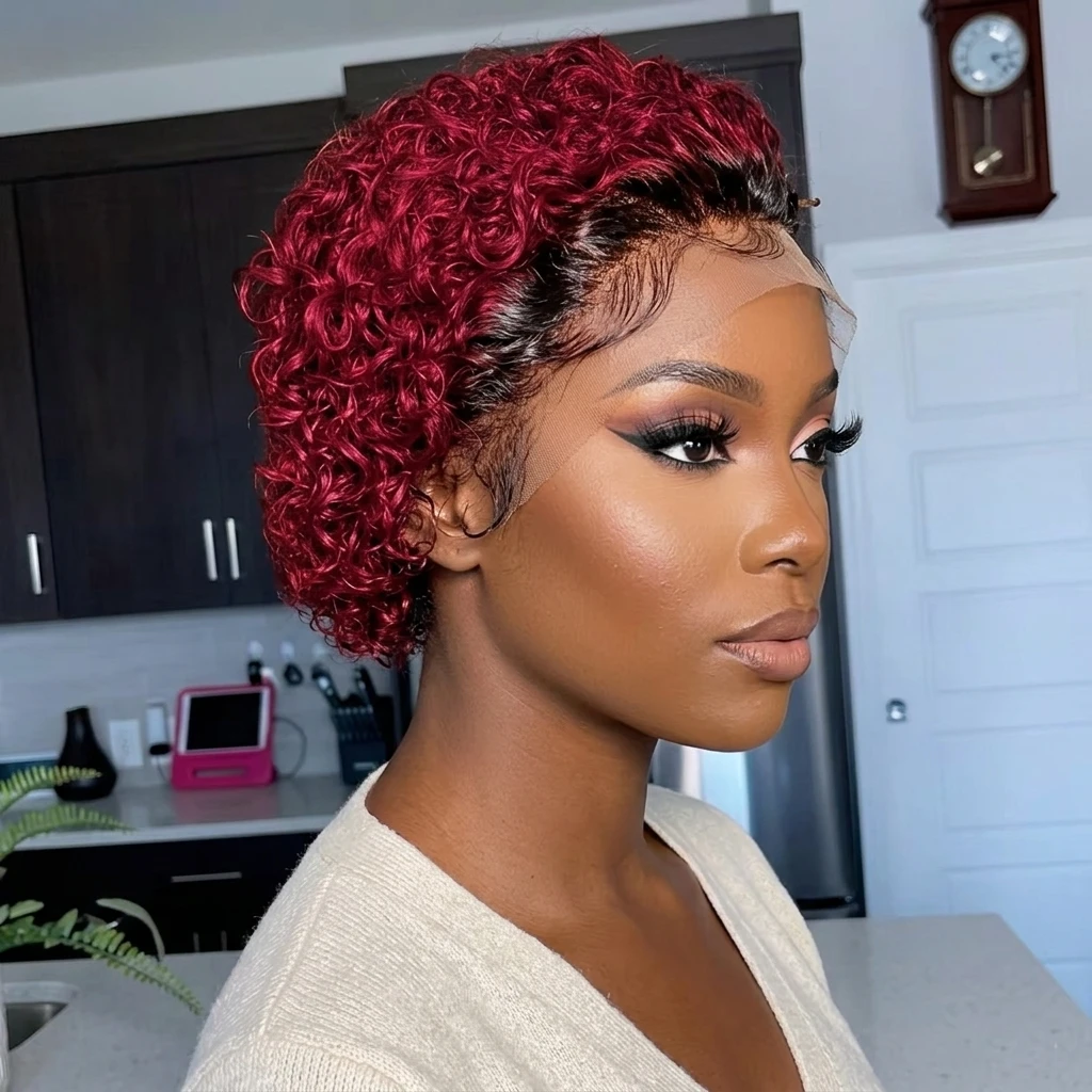 1B/99J Deep Wave Curly Pixie Cut Wig Short Human Hair Wigs For Black Women 13x4 Transparent Lace Frontal Wigs