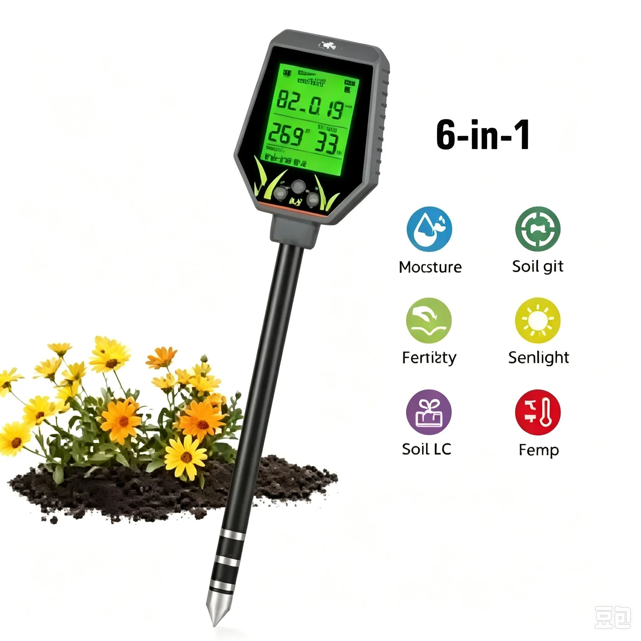 Soil Meter Digital pH Moisture Fertility Light Temp Humidity Analyzer for Garden, Plants, Lawn, Farm Accurate Soil Tester