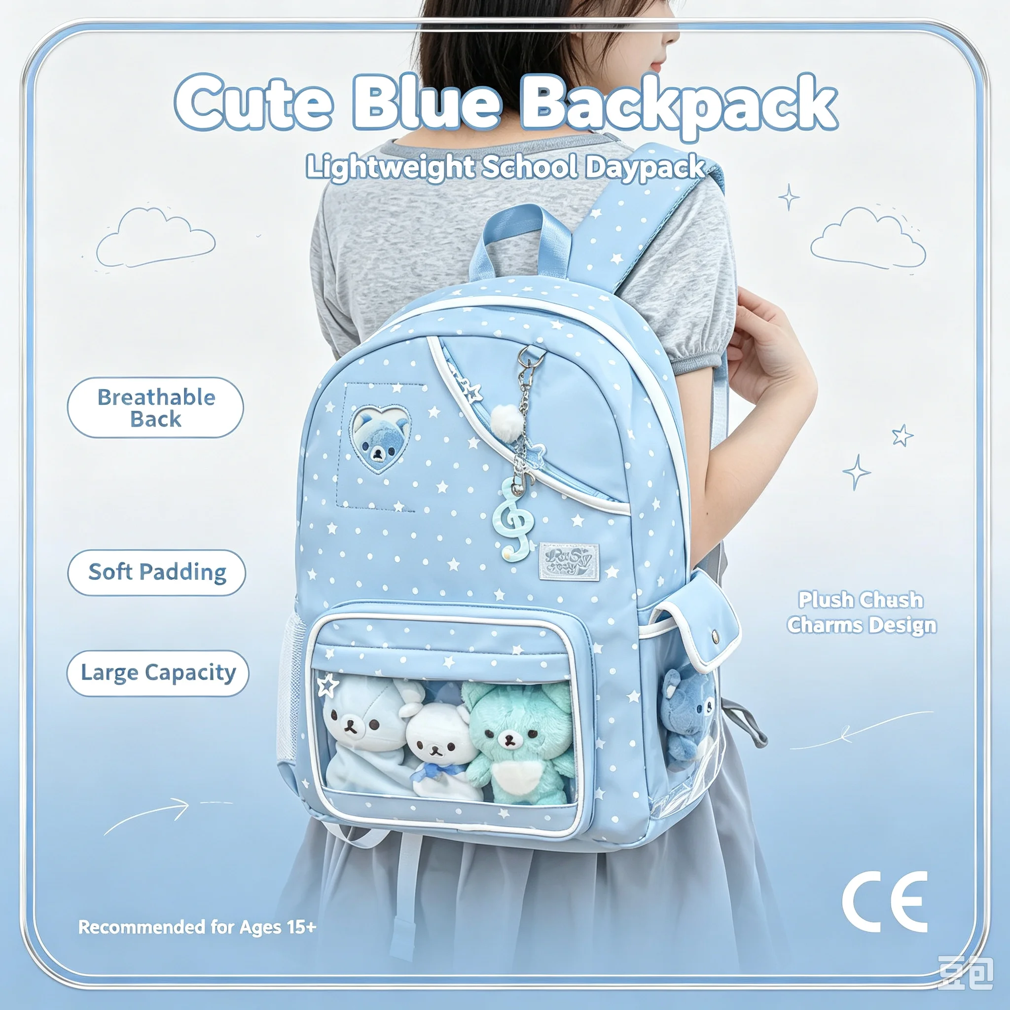 Cute Blue Backpack Lightweight School Bag With Plush Charms Breathable Back Soft Padding Large Capacity Casual Daypack For Girls