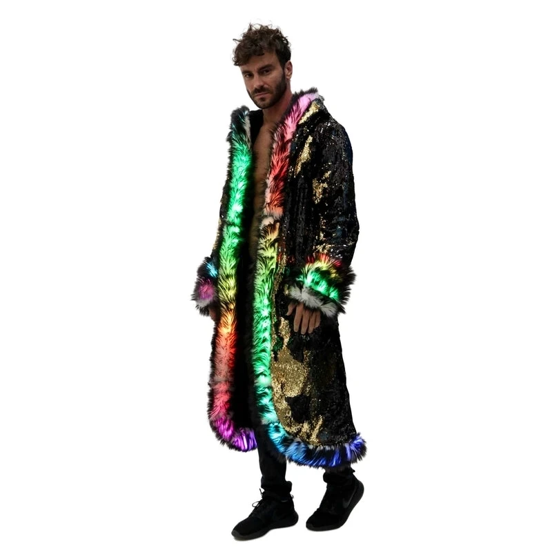 New LED Costume Faux Fur Coat Long Hooded Flash Clothes Men\'s Faux Fur Coat Burning Man Clothing