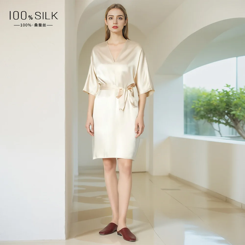 100% Mulberry Silk Dress Women V Neck Short Sleeve Loose Midi Elegant French Style Summer Casual Solid Vacation Sundress